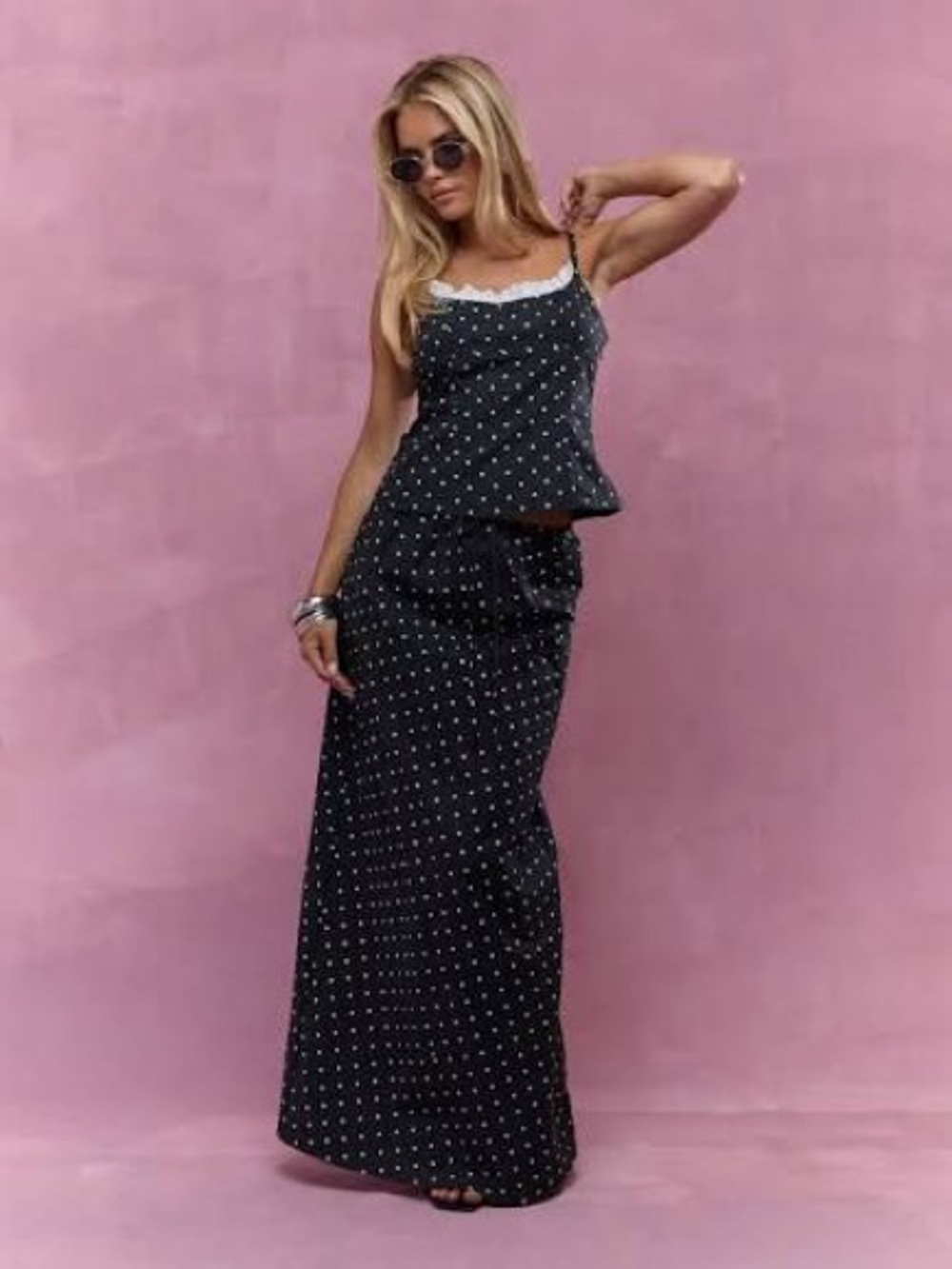 Missguided Lace Detail Polka Dot Cami Top and Maxi Skirt Set